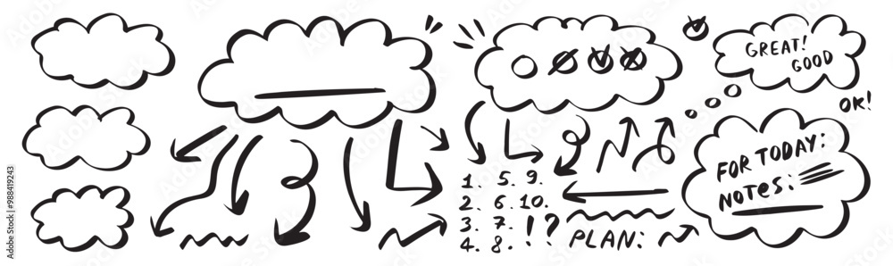Cloud planning sketch line drawing elements. hand drawn icons for business cloud sketch Cloud planning sketch line drawing elements. hand drawn icons for business cloud sketch