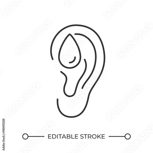 Eardrops linear icon. Ear infection treatment with medication. Otology concept. Ear care and hygiene. Thin line illustration. Contour symbol. Vector outline drawing. Editable stroke