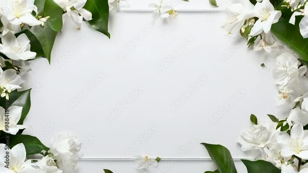 A minimalist frame adorned with white flowers and green leaves, ideal for invitations or announcements. A minimalist frame adorned with white flowers and green leaves, ideal for invitations or announcements.