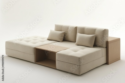 Modern minimalist sectional sofa with unique storage in a bright, airy space