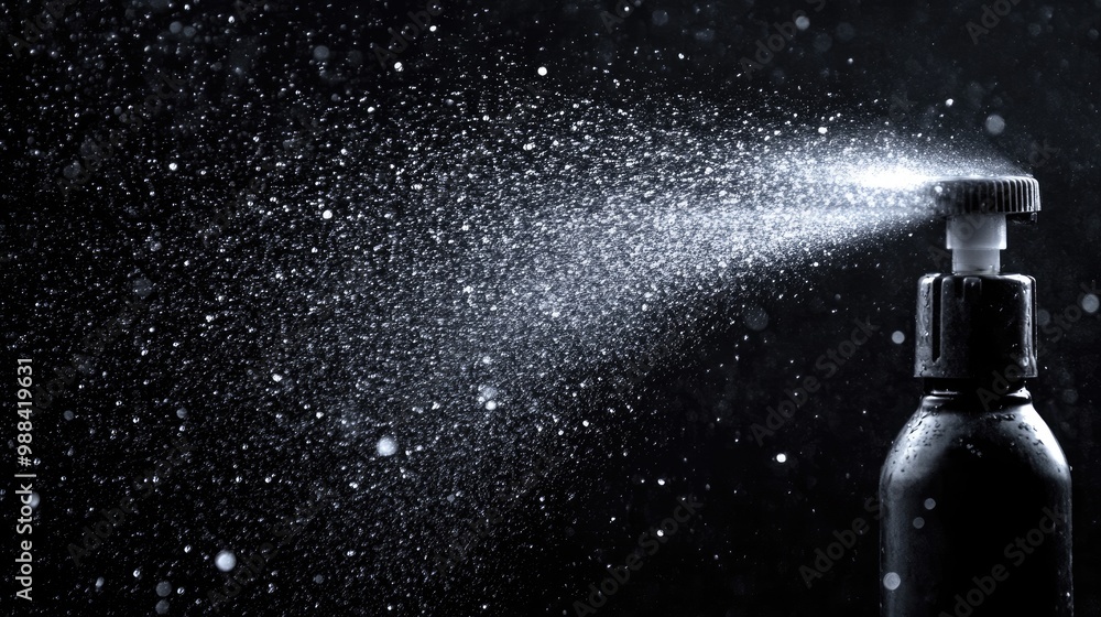 Black Spray Bottle Emitting a Fine Mist on a Dark Background Black Spray Bottle Emitting a Fine Mist on a Dark Background