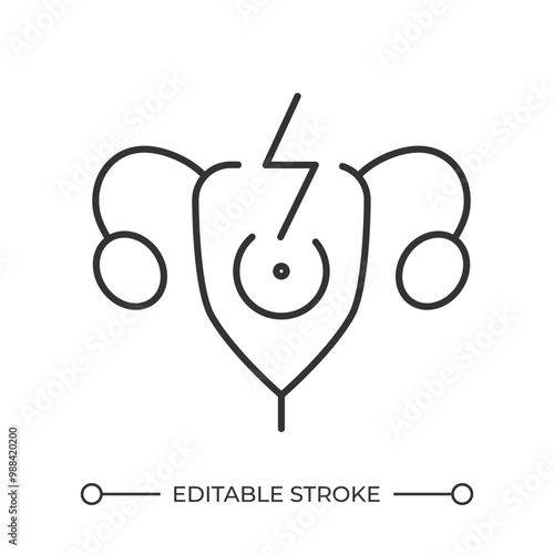 Menstrual cramps linear icon. Uterus pain. Reproductive health. Endometriosis. Women health. Period pain. Thin line illustration. Contour symbol. Vector outline drawing. Editable stroke