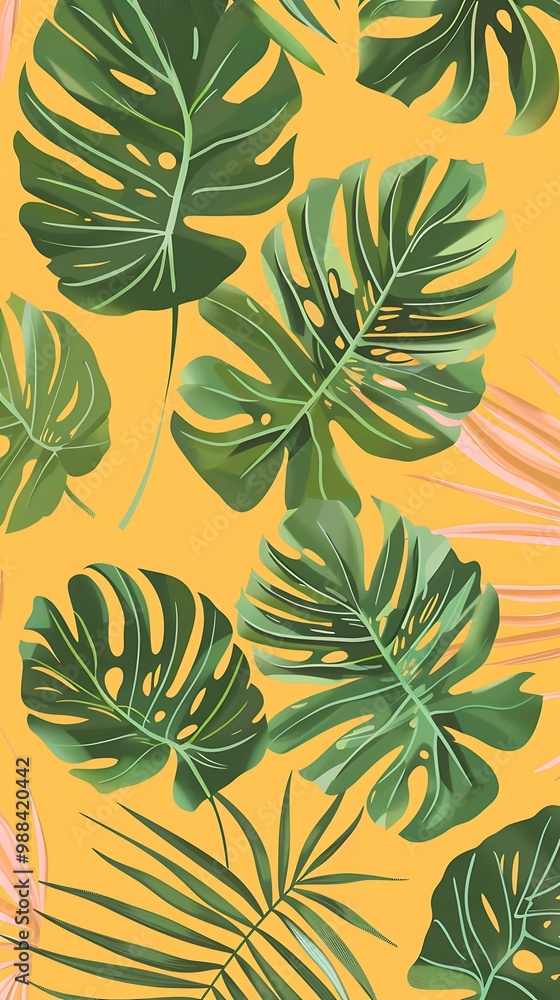 Tropical Leaves Pattern Background Yellow Tropical Leaves Pattern Background Yellow