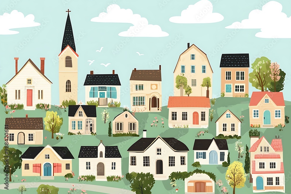 Naklejka premium Cartoon Illustration Of A Small Town With Houses And A Church
