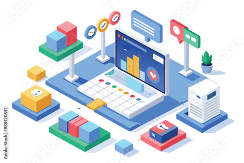 A customizable isometric illustration depicting digital analytics, workflow tools, and sitemap organization in a modern workspace.