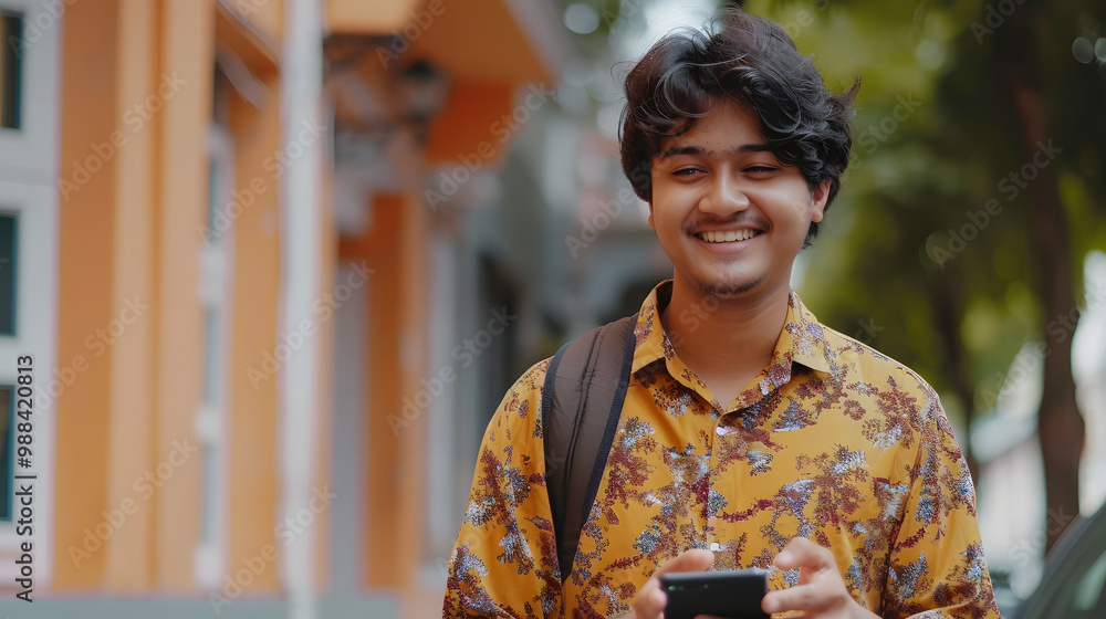 Cheerful young indian man chatting with girlfriend, using smartphone Cheerful young indian man chatting with girlfriend, using smartphone