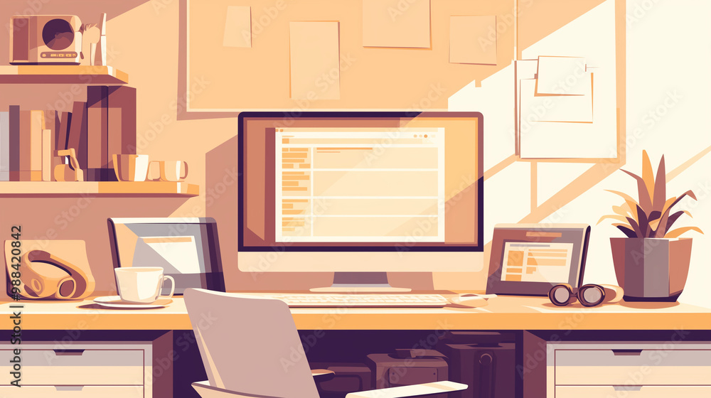 Modern home office or working place with a laptop, documents, and various gadgets. Productive and efficient freelance work environment. Remote work, freelancing, home office organization concept. Modern home office or working place with a laptop, documents, and various gadgets. Productive and efficient freelance work environment. Remote work, freelancing, home office organization concept.