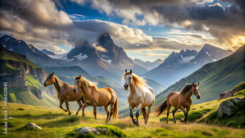 Majestic horses roaming freely in the scenic mountain landscape, horses, mountains, scenic, grazing, wild, nature, animals