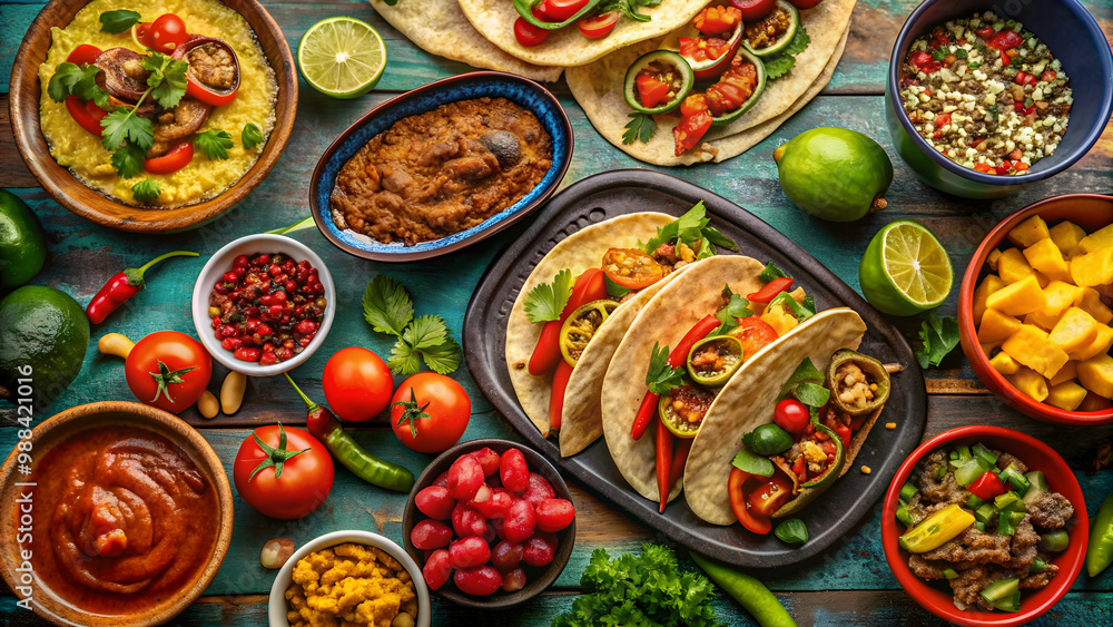 Fototapeta premium Mexican fiesta spread with tacos, burritos, quesadillas, chili, fajitas, and tortillas, Mexican, fiesta, spread, table