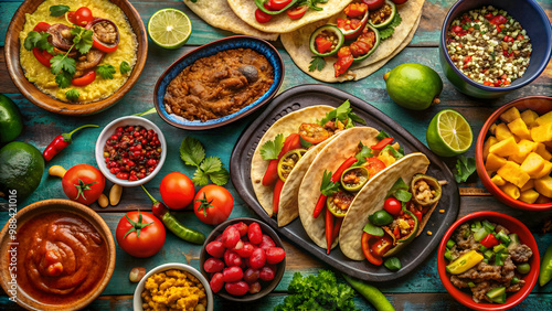 Mexican fiesta spread with tacos, burritos, quesadillas, chili, fajitas, and tortillas, Mexican, fiesta, spread, table