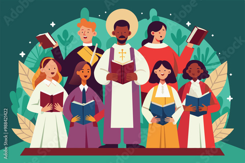 A diverse group of individuals joyfully sings together, holding hymn books and celebrating in a colorful community worship environment.