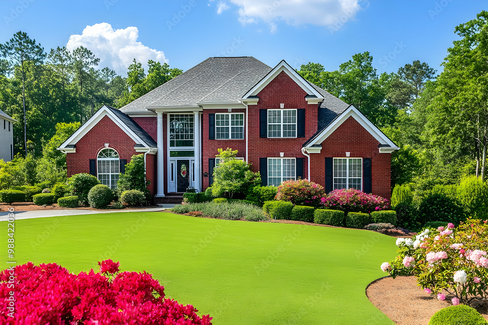 Red Brick House with Green Grass Lawn and Pink Flowers - Realistic ...