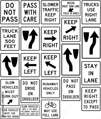 Comprehensive Set of Passing, Lane Use, and Traffic Control Signs: Do Not Pass, Keep Right, Slow Vehicles, and Bike Lane Guidance for Road Safety. Road signs in the United States.