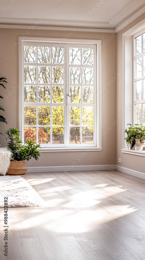 Fototapeta premium Bright and airy living room with large windows and indoor plants showcasing autumn light in a cozy home setting