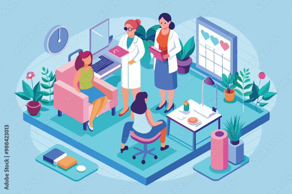A patient meets with gynecologists in a modern consultation room, discussing health concerns while surrounded by medical tools and a welcoming environment.