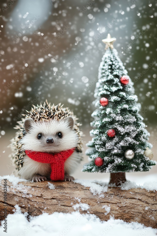 Festive hedgehog in a red scarf by a Christmas tree in the snow Festive hedgehog in a red scarf by a Christmas tree in the snow