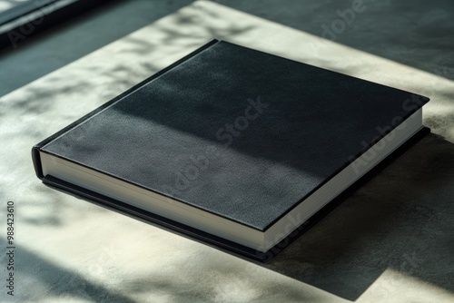 A minimalist black book resting on a sunlit table with soft shadows