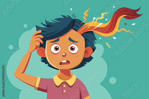 A boy expresses distress while inspecting his hair, indicating a possible struggle with a pulling disorder in a cheerful, colorful environment.