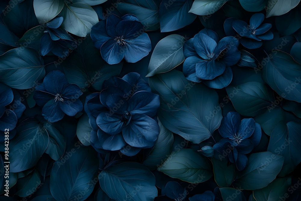 Deep Blue Floral Illustration: A Close-Up of Blue Flowers and Leaves Deep Blue Floral Illustration: A Close-Up of Blue Flowers and Leaves
