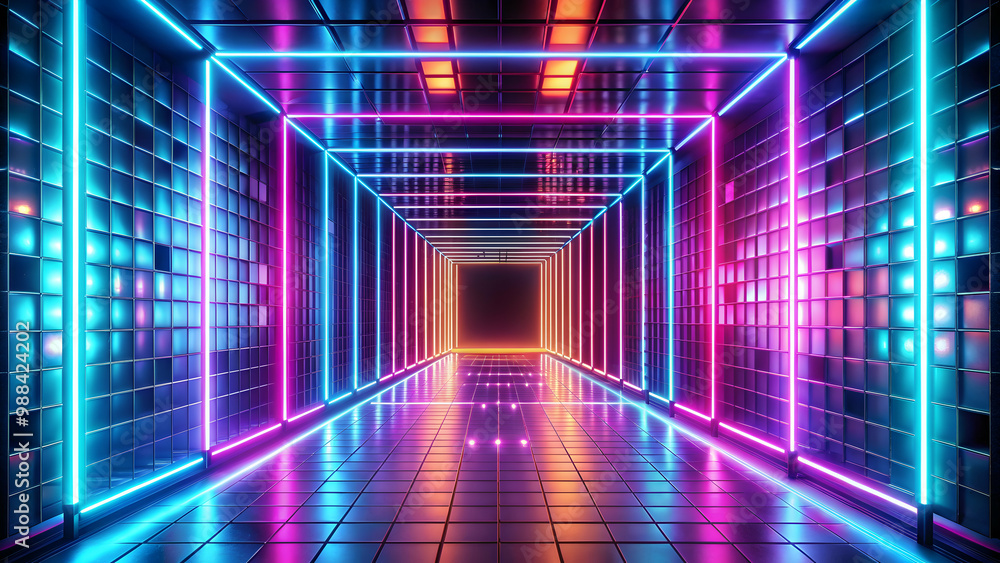 Glowing square neon lights illuminating a tunnel, neon lights, square, glowing, tunnel, illuminated, vibrant, colorful, night Glowing square neon lights illuminating a tunnel, neon lights, square, glowing, tunnel, illuminated, vibrant, colorful, night