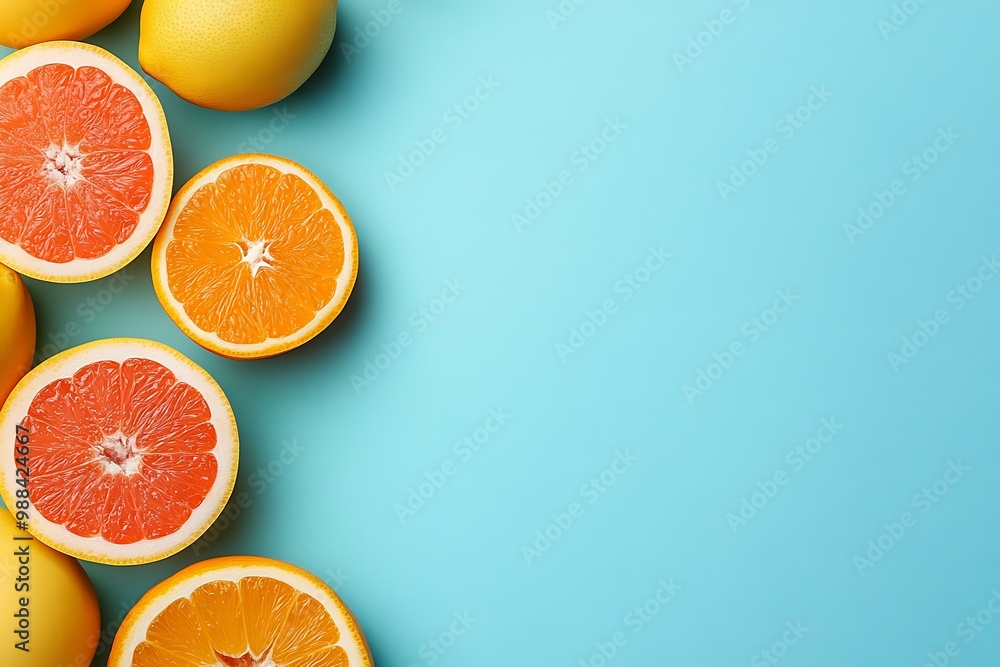 Fresh Orange and Grapefruit Slices on Blue Background Fresh Orange and Grapefruit Slices on Blue Background