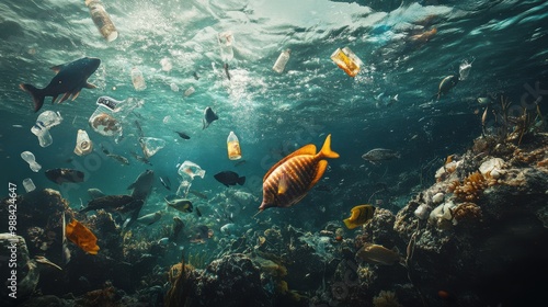 Plastic waste floating in the ocean among fish and marine animals, plastic bottles and bags entangled with sea life, the harsh reality of pollution, underwater view with a focus on the damage to wildl photo