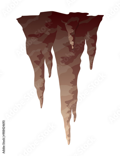 Stalactite. Icicle shaped hanging mineral formations in cave. Nature brown limestone, material stone icon. Natural growth geology formations