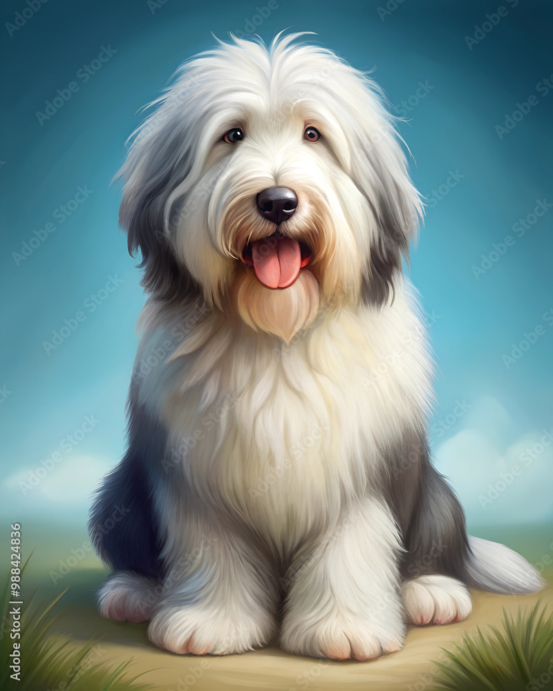 Illustration of Digital Painting of Old English Sheepdog with a relaxed demeanor, with smile, full body Illustration of Digital Painting of Old English Sheepdog with a relaxed demeanor, with smile, full body
