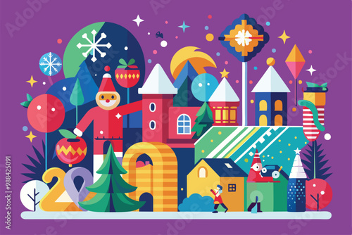 Colorful characters celebrate New Year’s in a playful town filled with festive decorations and joyful elements, creating a cheerful atmosphere for the holiday.