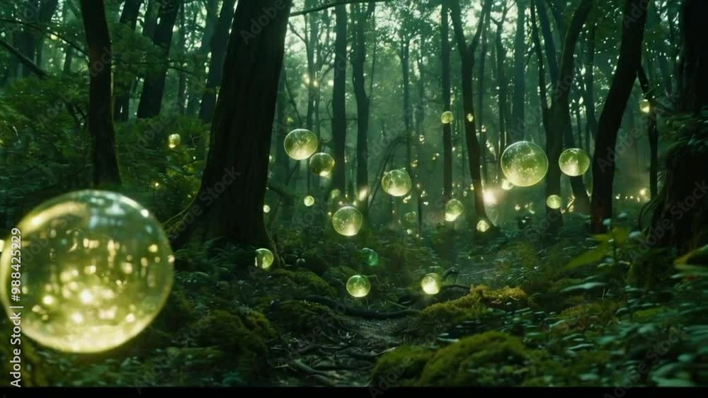 A mystical forest scene with glowing orbs floating among trees and lush ...