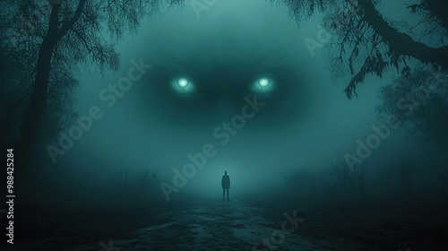 A lone figure standing at the entrance of a fogcovered forest, eerie glowing eyes watching from the darkness, fear of the unknown photo