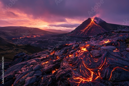 Volcano Lava. Eruption of Fagradalsfjall Volcano in Iceland at Sunrise with Stunning Purple and Orange Lava Flow