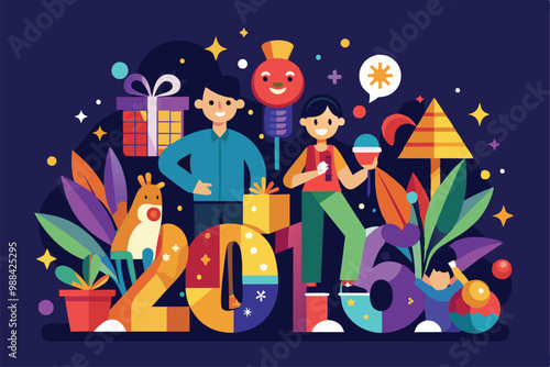 Cheerful individuals celebrate the new year surrounded by gifts, festive decor, and a vibrant atmosphere, creating a joyful and welcoming environment.