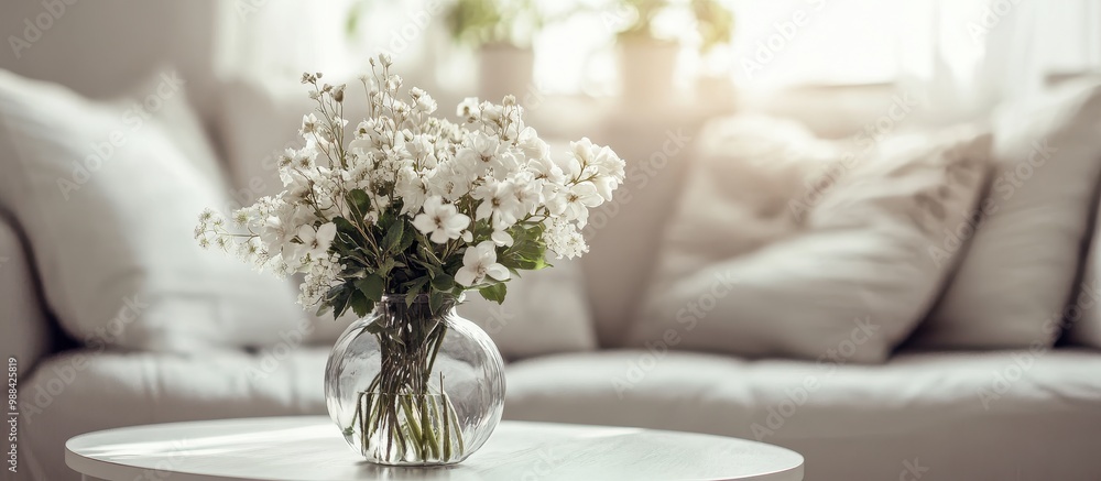 Elegant White Floral Arrangement in Glass Vase on Modern Coffee Table in Sunlit Living Room Elegant White Floral Arrangement in Glass Vase on Modern Coffee Table in Sunlit Living Room