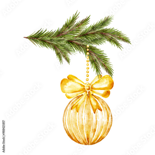 Golden watercolor Christmas ornament hanging from pine branch on white background for holiday season