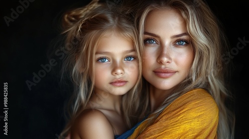 sad mother hugging her daughter both wearing ukrainian national colors on black background