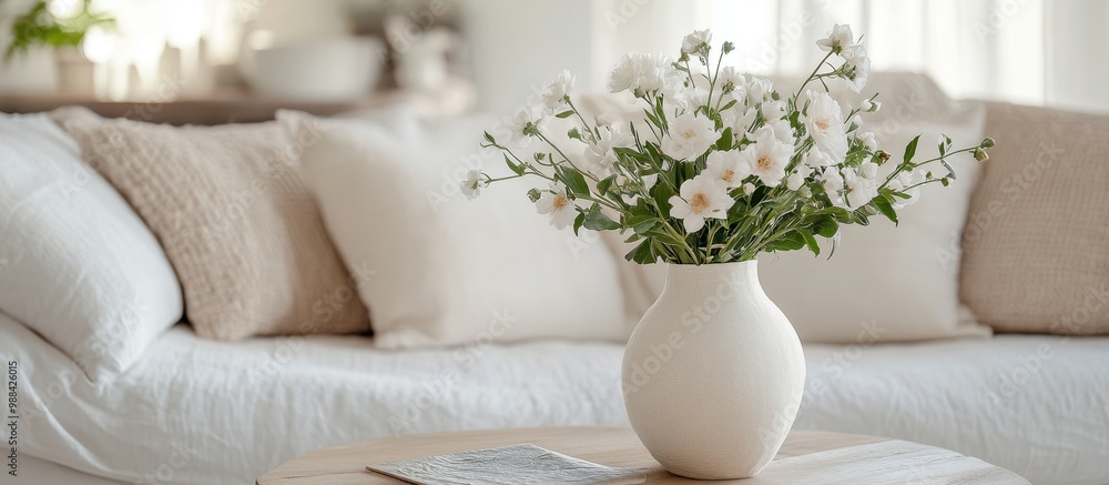 Cozy Living Room with White Floral Arrangement in Ceramic Vase on Wooden Coffee Table Cozy Living Room with White Floral Arrangement in Ceramic Vase on Wooden Coffee Table