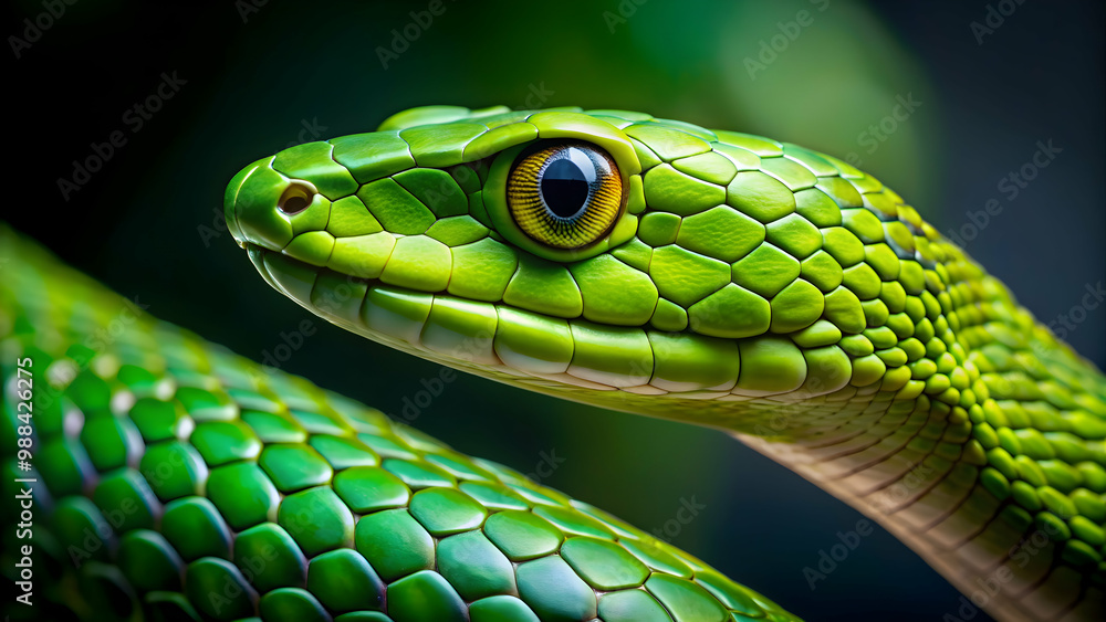 Fototapeta premium Close up view of a dangerous green snake , snake, reptile, venomous, slithering, scales, close-up, wildlife, predator
