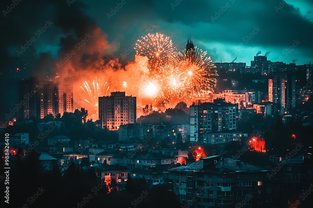 nigt city scape with firework in night sky nigt city scape with firework in night sky