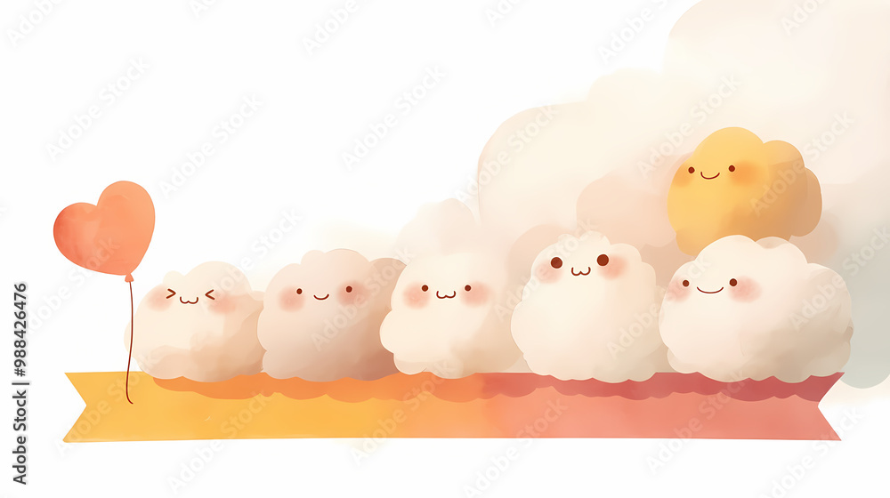 Cute cartoon clouds with happy faces and blushing cheeks, a heart-shaped balloon, and a warm color palette. Cute cartoon clouds with happy faces and blushing cheeks, a heart-shaped balloon, and a warm color palette.