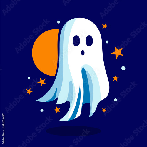 Ghost against backdrop of moon. Night, Halloween, spook, spirit, stars, scary, afterlife, monster, specter, fearful, trick or treats, holes for eyes and mouth. Vector illustration