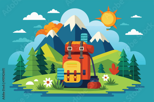 A vibrant illustration depicting a backpack amidst stunning mountains, greenery, and bright sun, perfect for hiking enthusiasts and nature lovers.