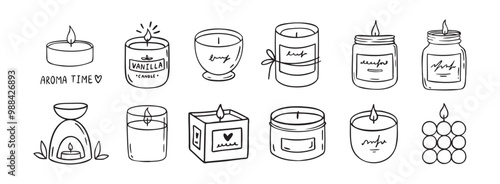 Candle doodle hand drawn icon set. Different shapes of wax candles, cubes, cylinders, balls. Burning candles
