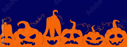Halloween pumpkins outline icon. Spooky carved faces, autumn decoration, creepy celebration, jack-o-lanterns, horror, eerie, holiday fun.