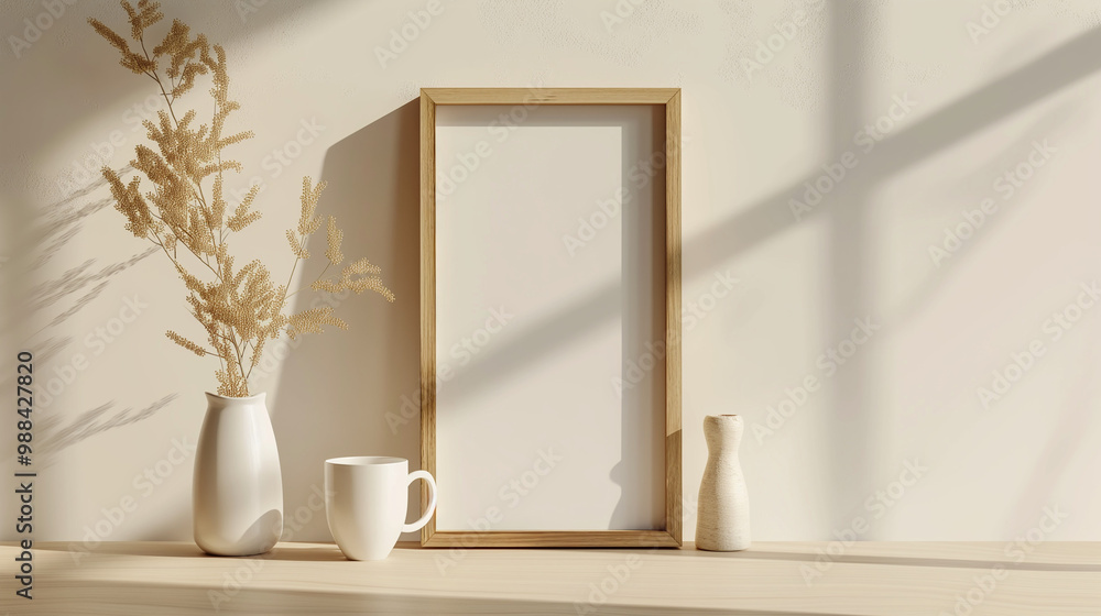 Beige mock-up in a wooden frame on a table with a coffee mug and a green plant in a white vase Beige mock-up in a wooden frame on a table with a coffee mug and a green plant in a white vase