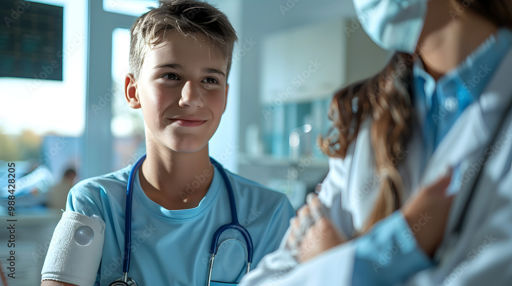© SS Digital - Doctor checking the orthopedic cast, brace on a teenage patient's broken arm. Teenage boy is healing a fracture after an accident