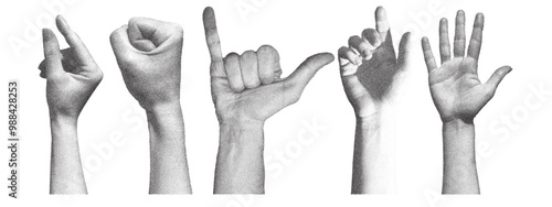Trendy set of human hands gestures. Retro photocopy effect. Vector elements in pop art style.
