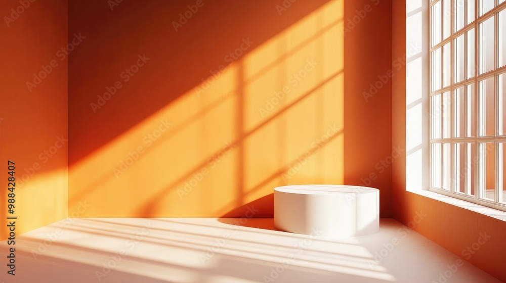 White Cylinder on a White Platform in an Orange Room with Sunlight and Window White Cylinder on a White Platform in an Orange Room with Sunlight and Window