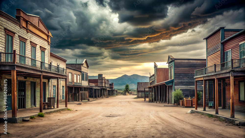 Fototapeta premium Gloomy day in an old West town, desolate, western, abandoned, weathered, vintage, deserted, rustic, melancholy, eerie, bleak