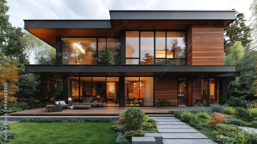 Modern two-story house with large windows and landscaped garden. Modern two-story house with large windows and landscaped garden.